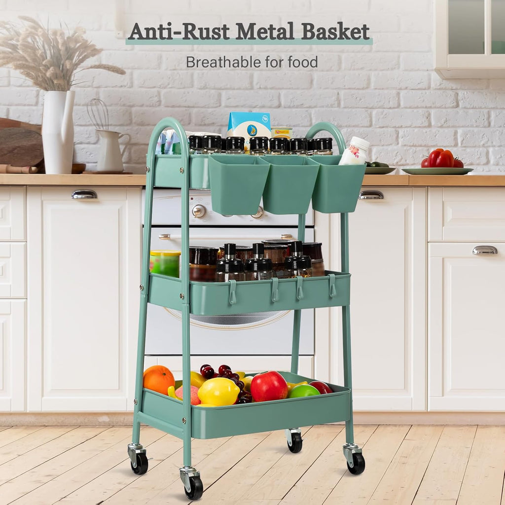 3-Tier Metal Rolling Utility Cart with Lockable Wheels and Hooks W1224