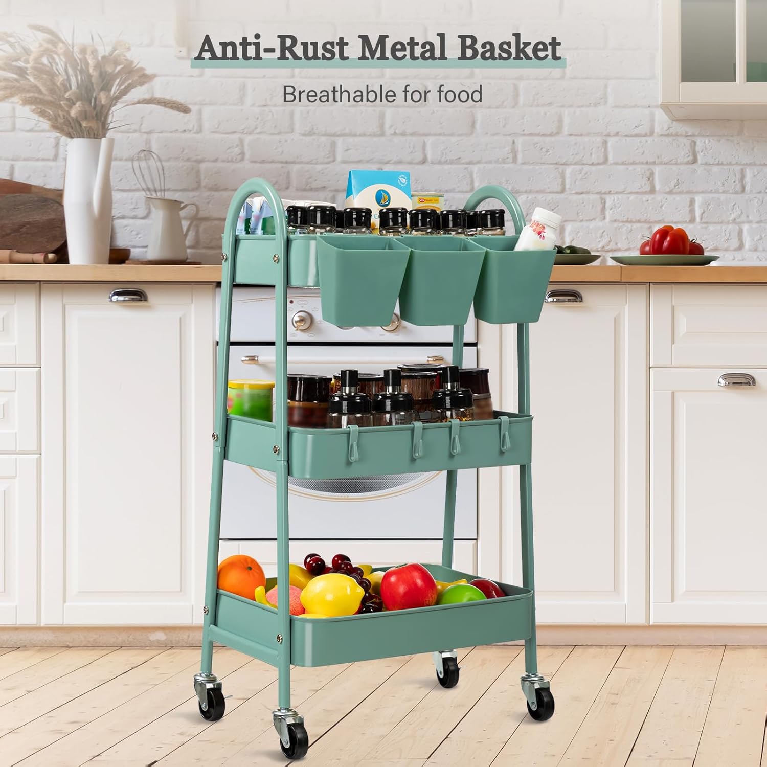 3-Tier Metal Rolling Utility Cart with Lockable Wheels and Hooks W1224