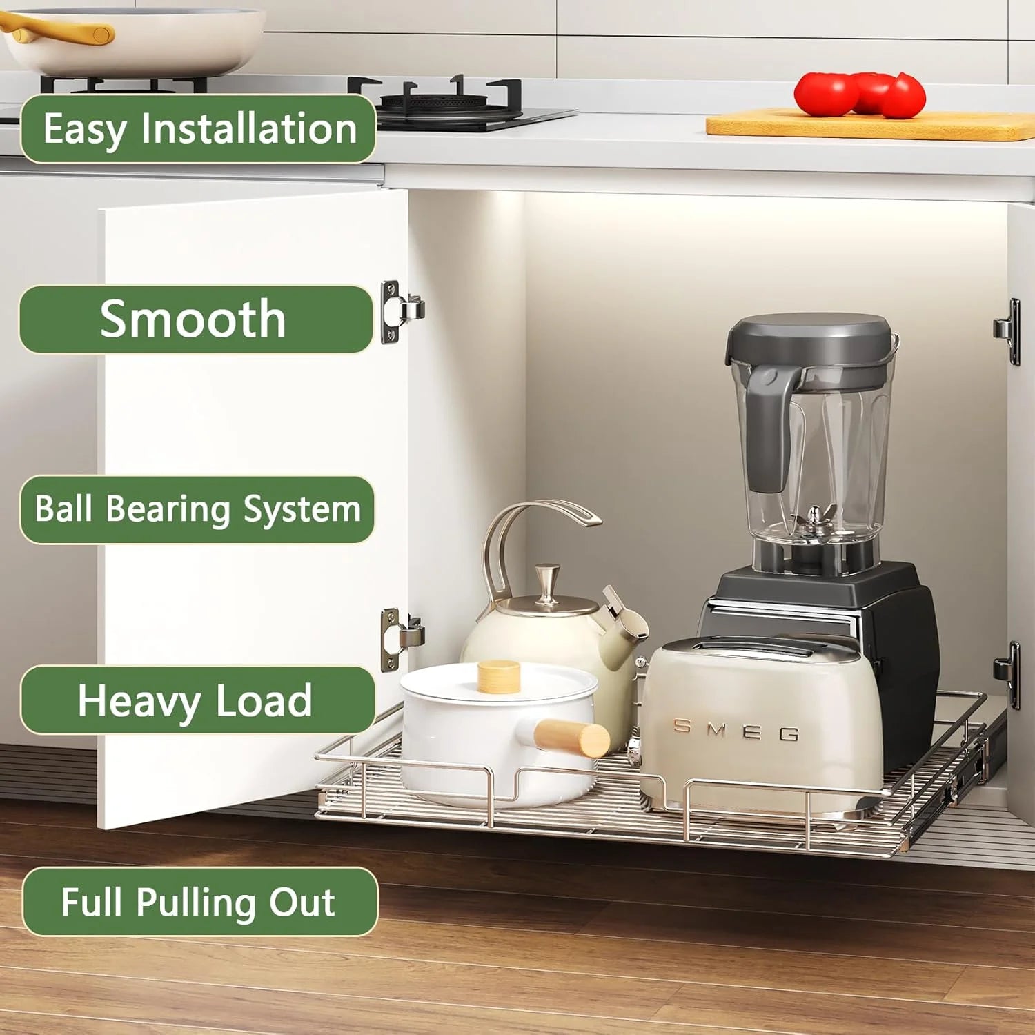 Pull Out Cabinet Organizer 27W x 21½D, Heavy Duty Slide Out Shelves E42701