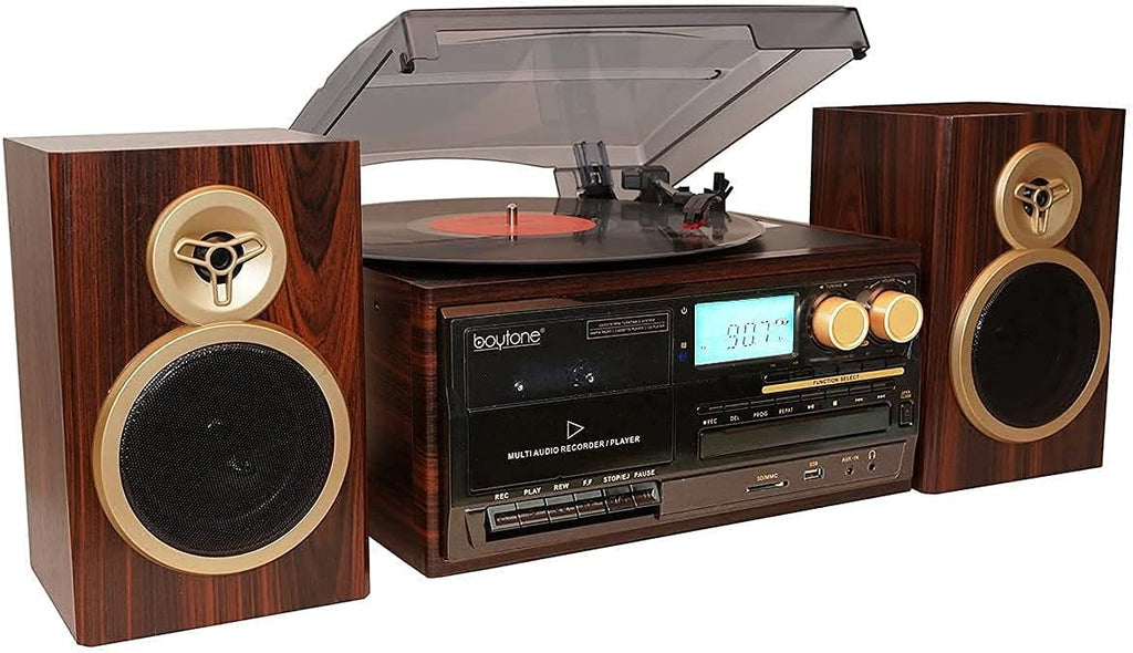 Bluetooth Record Player Turntable with AM/FM Radio, CD and Cassette Player V708