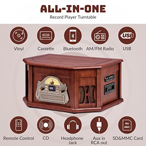 Bluetooth Turntable Record Player with Built-in Speaker, CD, Cassette, FM/AM Radio, USB MP3 Recording S9727