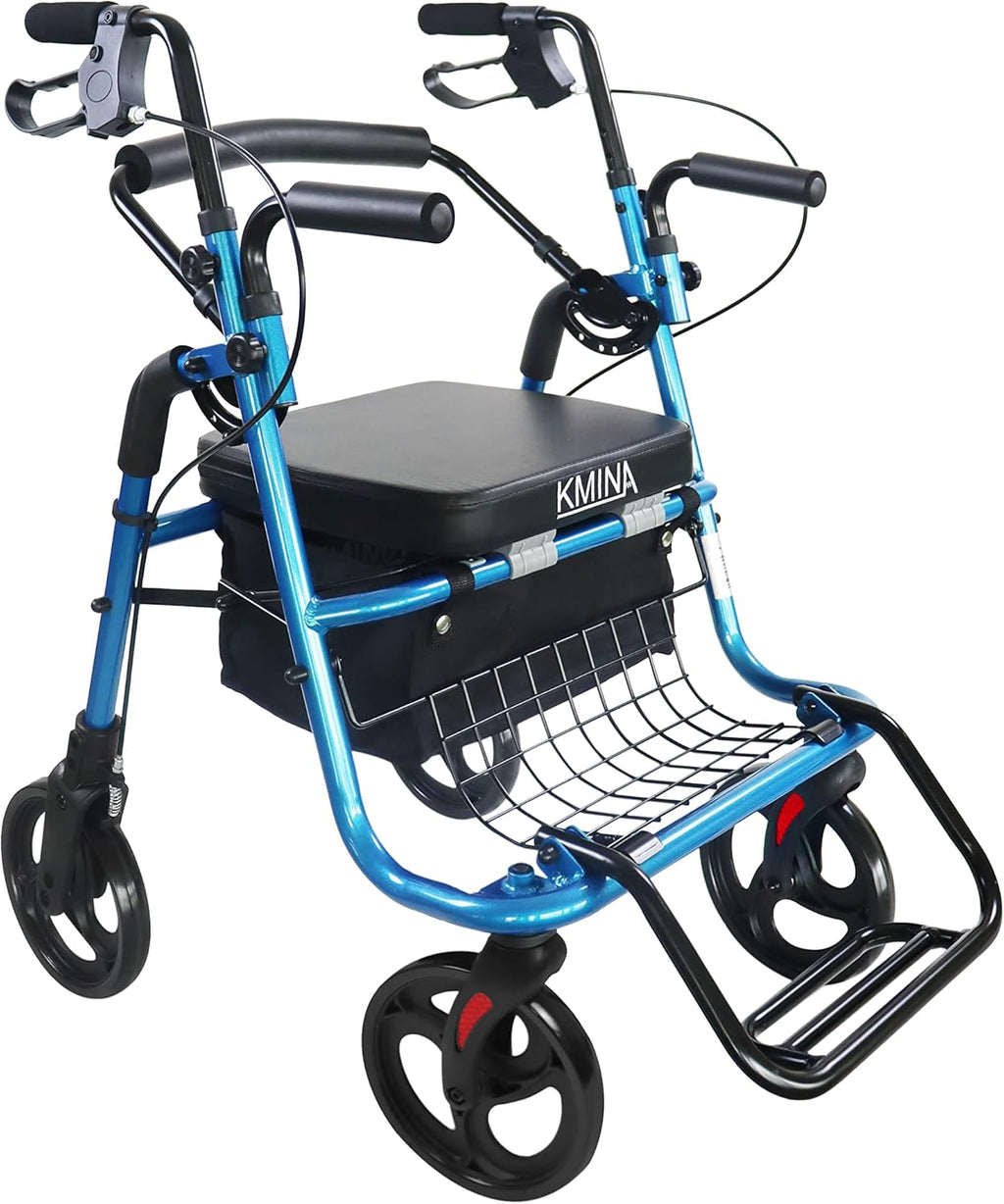 KMINA - Rollator Wheelchair Combo for Smooth Terrain, 2 in 1 Rollator Transport Chair, Narrow Rollator Walker Wheelchair, Folding Rollator Walker with Seat for Seniors, Dual Rollator Walker Blue