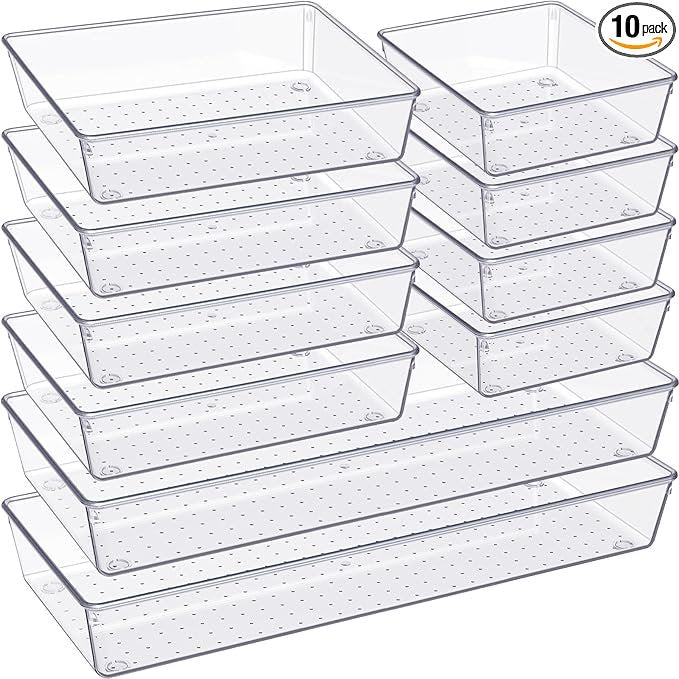 Drawer Organizer, 10 Pack Large Clear Plast Set, 3 Size Versatile Bathroom and Vanity Organizer Trays, Storage Bins for Makeup, Bedroom, Kitchen Utensils
