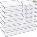 Drawer Organizer, 10 Pack Large Clear Plast Set, 3 Size Versatile Bathroom and Vanity Organizer Trays, Storage Bins for Makeup, Bedroom, Kitchen Utensils