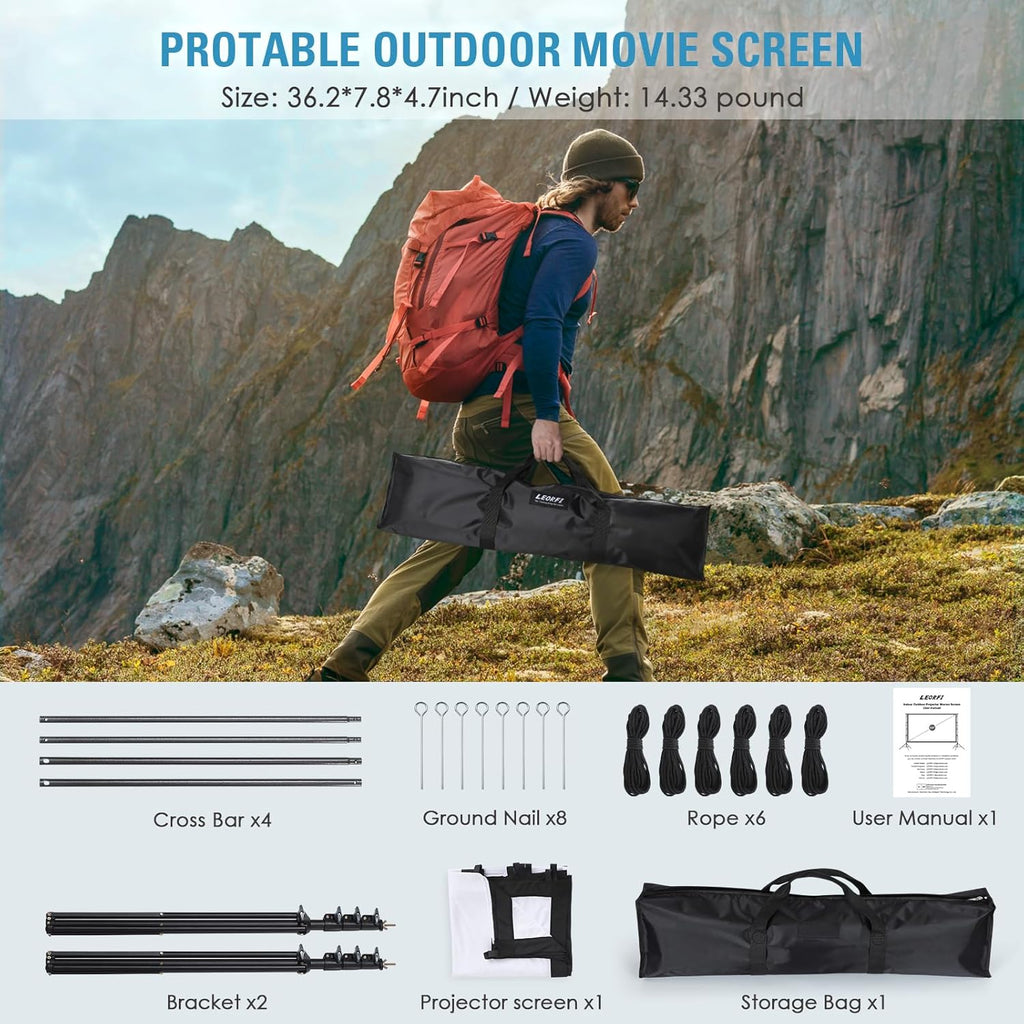 Projector Screen and Stand 180 Inch, Outdoor Portable Pull Down, 16:9 4K HD for Home Theater Camping P63636