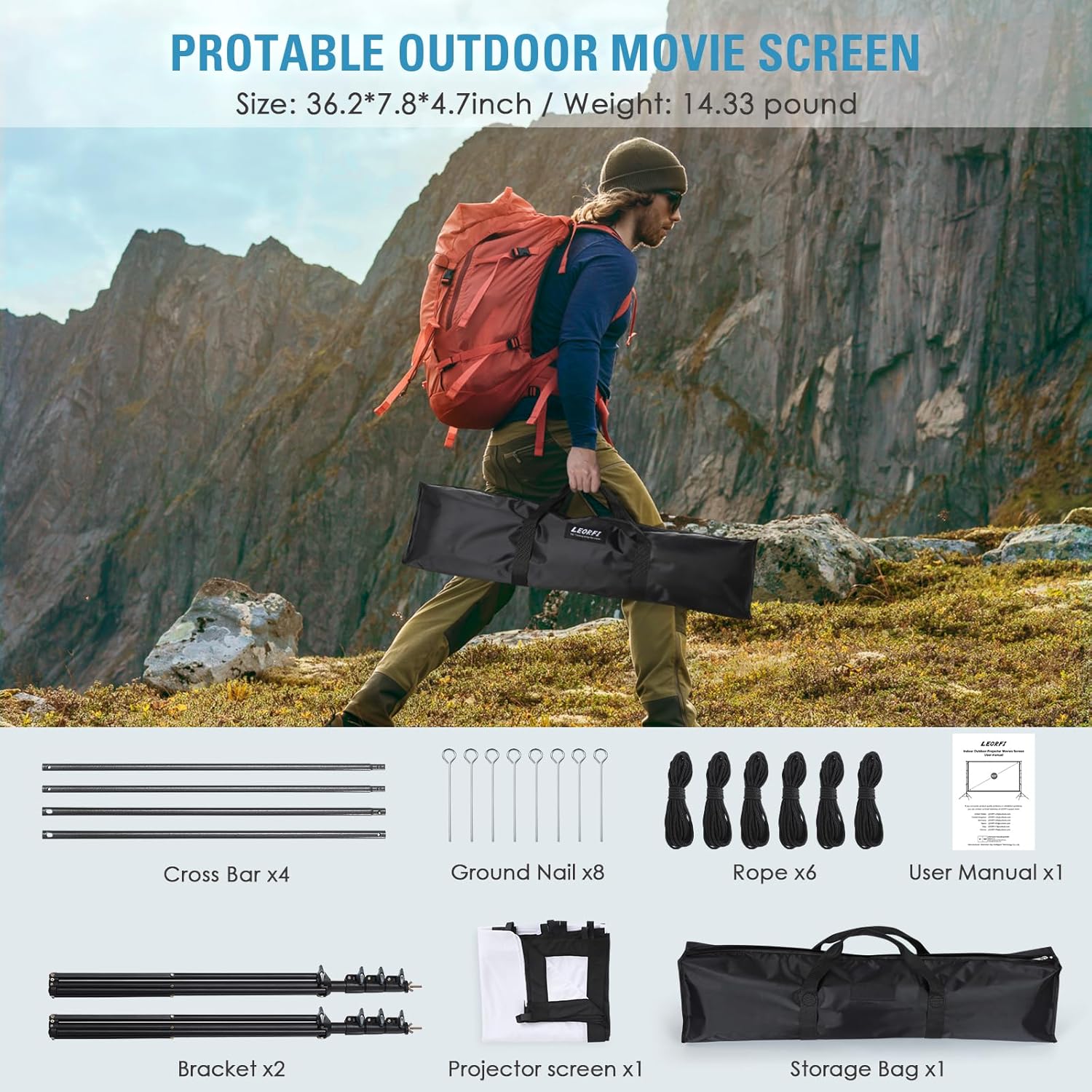 Projector Screen and Stand 180 Inch, Outdoor Portable Pull Down, 16:9 4K HD for Home Theater Camping P63636