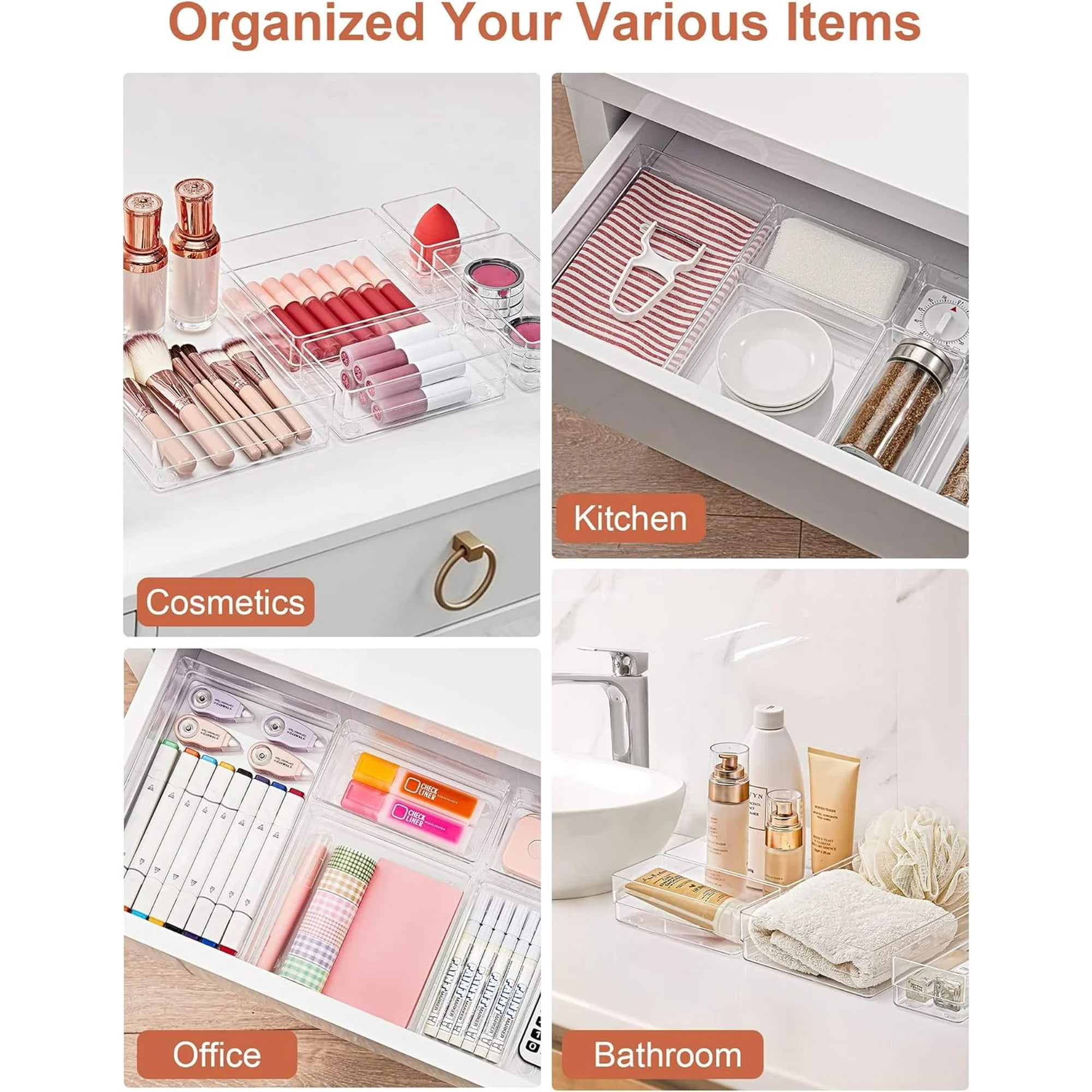 Drawer Organizer with Non-Slip Pads for Makeup Jewelry Utensils S722