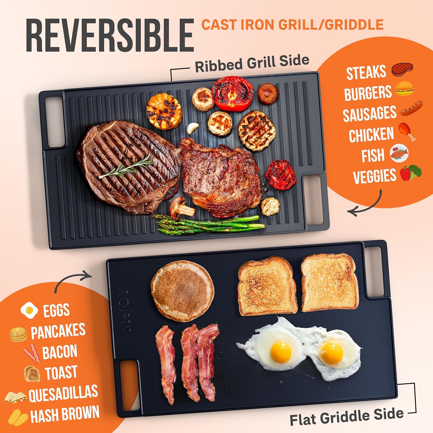Cast Iron Griddle for Stove Top, Reversible Grill/Griddle, Pre-Seasoned N37782