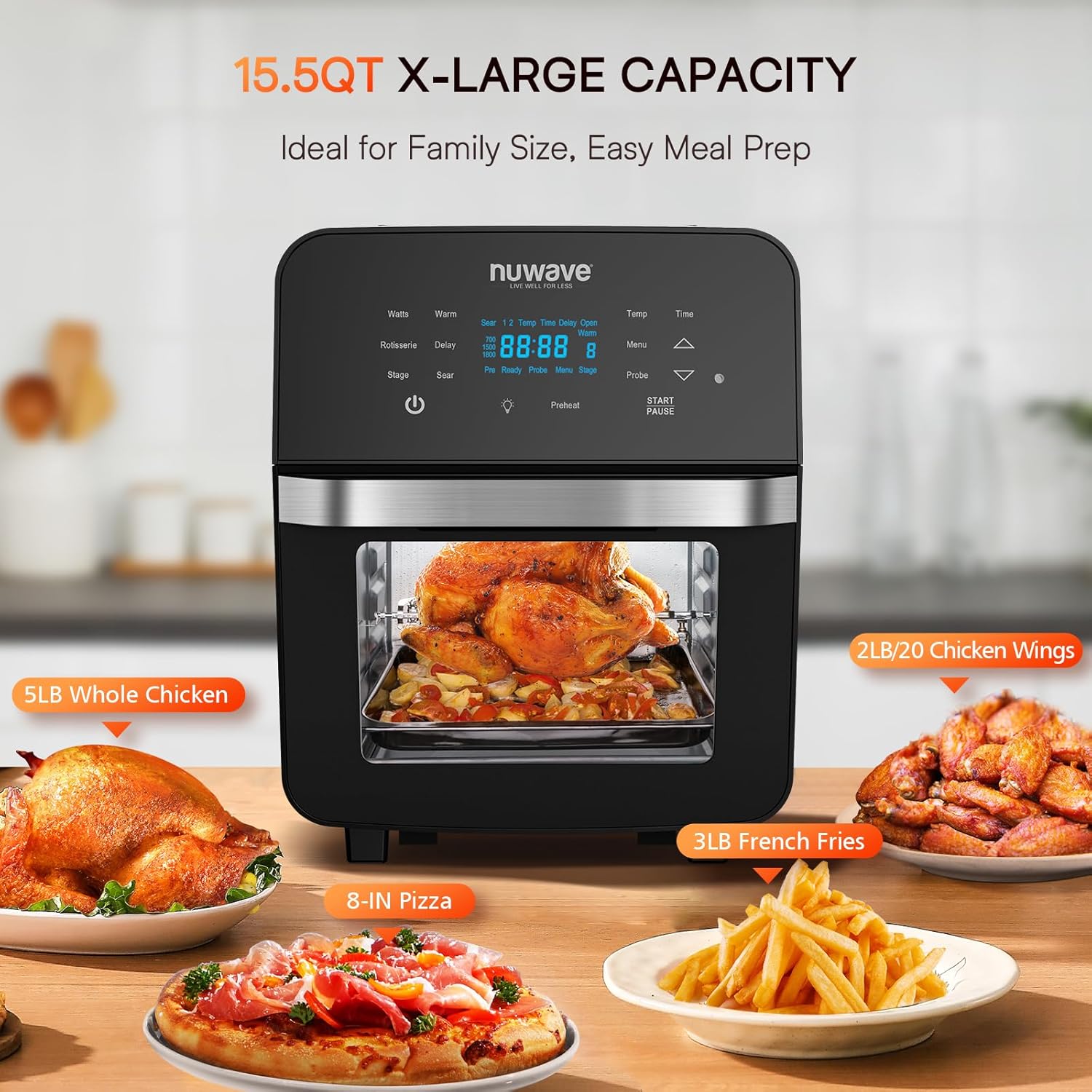 15.5Qt 10-in-1 Air Fryer Rotisserie Oven, XL Family Size, Dishwasher-Safe Q856
