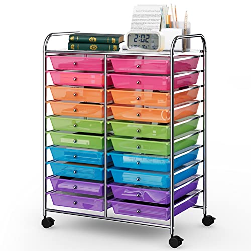 COSTWAY 20 Drawers Rolling Storage Cart, Multipurpose Movable Organizer Cart for Tools, Scrapbook, Paper, Craft, Utility Storage Trolley on Wheels for Home Office School (White)