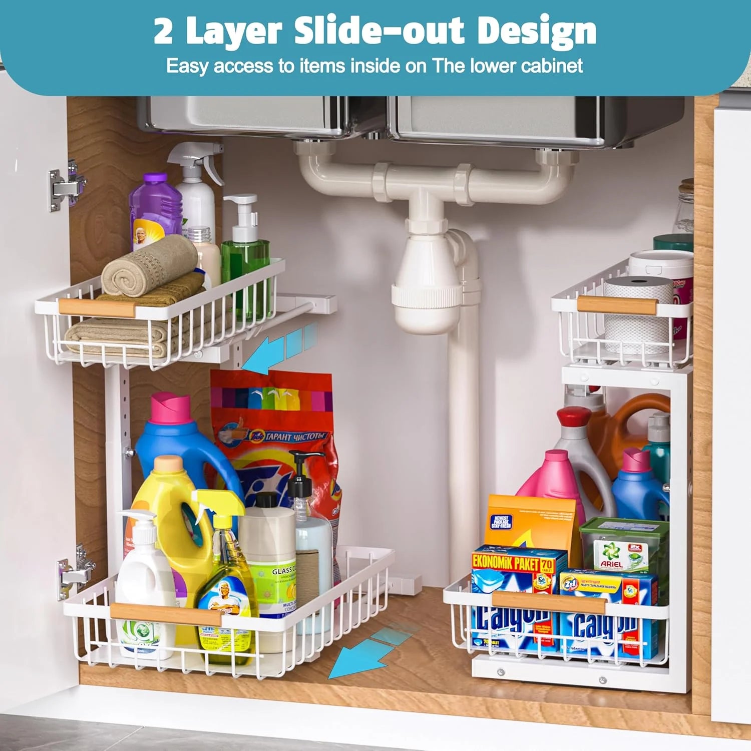 Under Sink Organizer 2 Pack, Height Adjustable, 2 Tier Pull Out Storage Shelf, Metal, Gold I717568