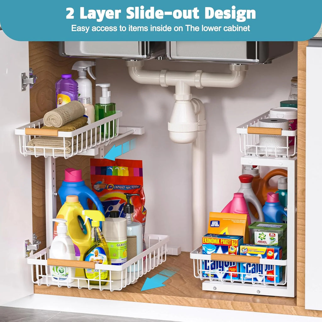 Under Sink Organizer 2 Pack, 2 Tier Slide Out Storage, Height Adjustable, White A7898
