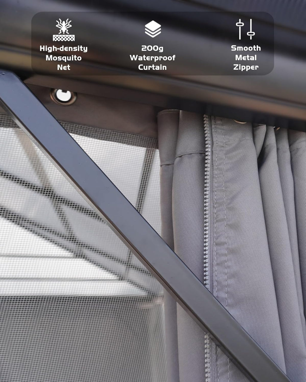 Hardtop Gazebo 10x12 with Polycarbonate Roof, Aluminum Frame, Net and Curtain A23930