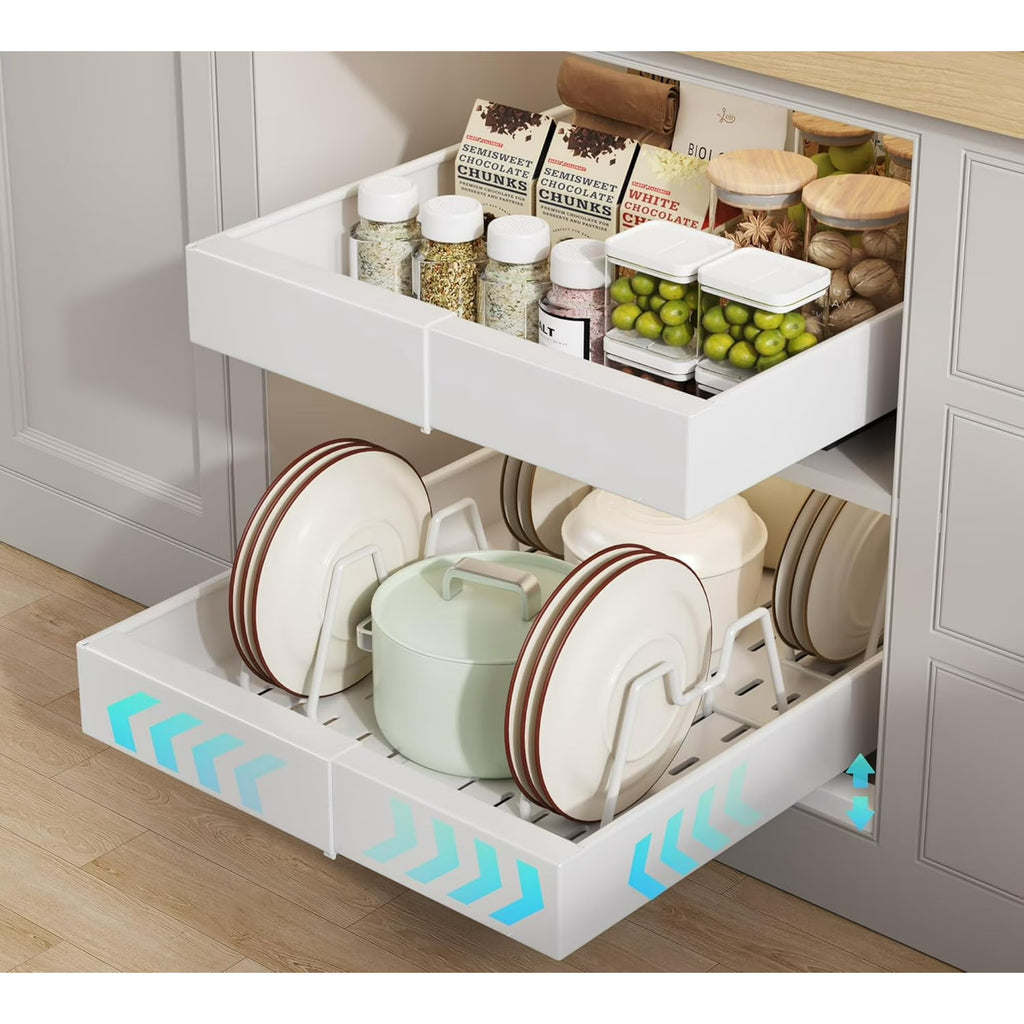 2 Pack Pull out Cabinet Organizer 21Deep With Raising Pad for Framed Cabinets, Expandable Slide out Drawers for Kitchen Cabinets with 4pcs Divider Racks, Roll out Shelves 9-14W White