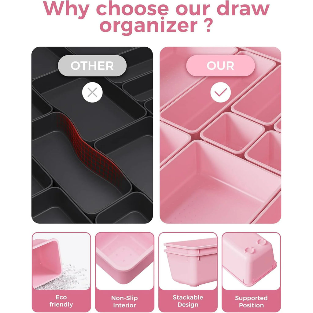 Plastic Drawer Organizers Set, 4-Sizes Vanity and Makeup Storage Trays B852