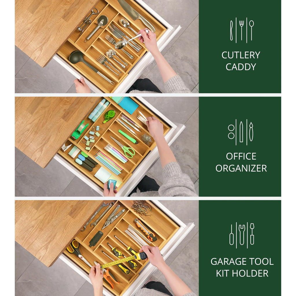 Bamboo Drawer Tray with 9 Compartments for Cutlery Storage X5744