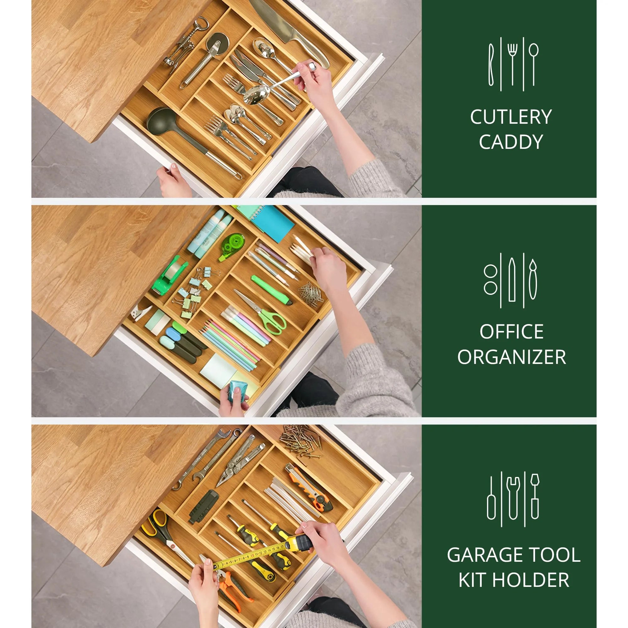 Bamboo Drawer Tray with 9 Compartments for Cutlery Storage X5744