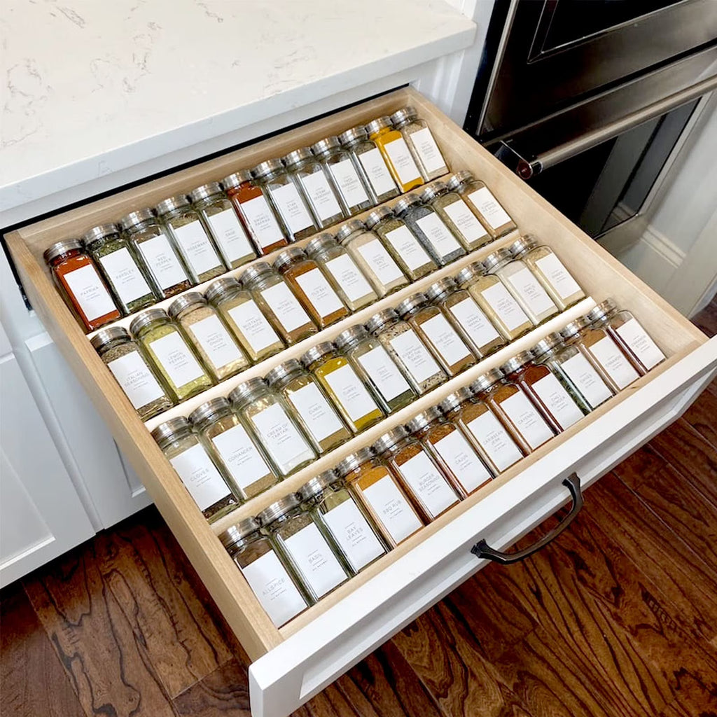 Clear Acrylic Spice Drawer Organizer 4 Tier 2 Set, Expandable Kitchen Storage Tray for Spices from 13 to 26 Inches, Countertop or Drawer, Brown