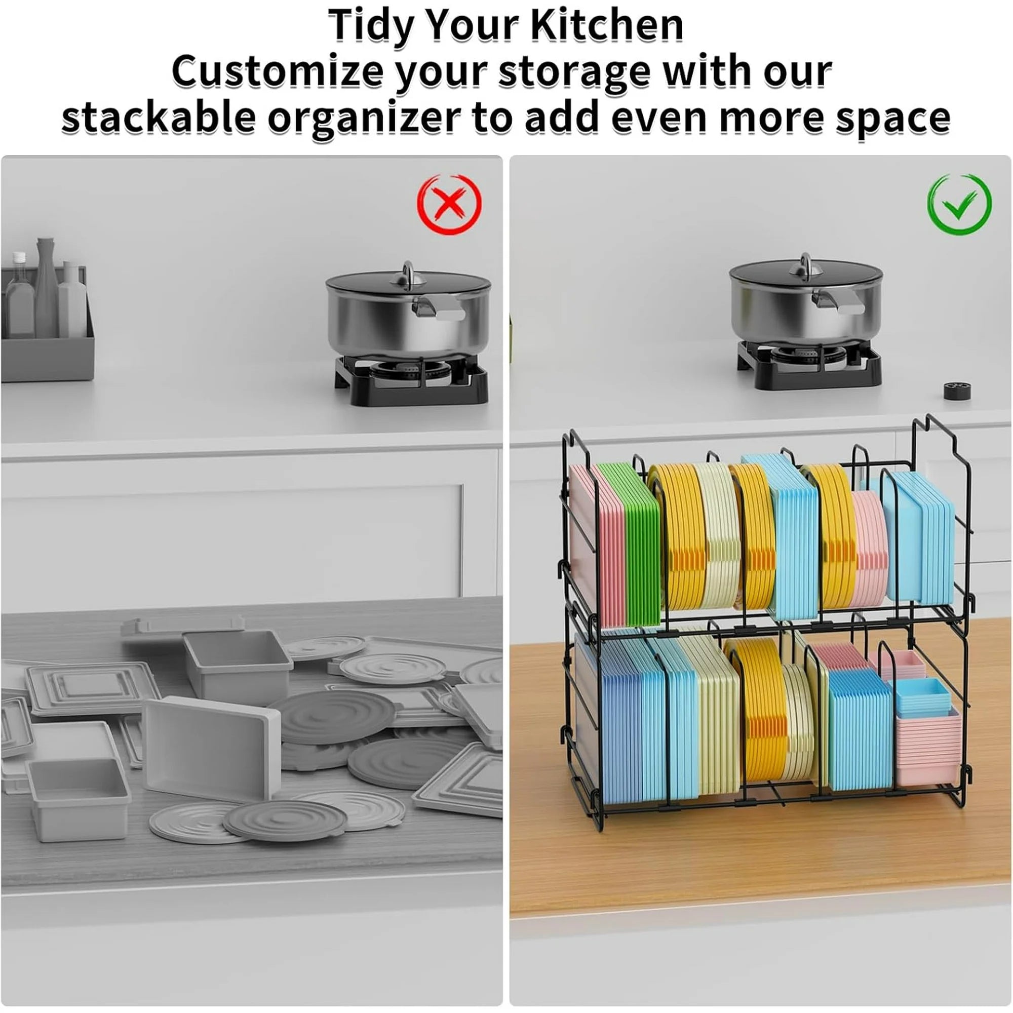 Lid Organizer for Kitchen Cabinets, Adjustable with 4 Dividers, Black M90676