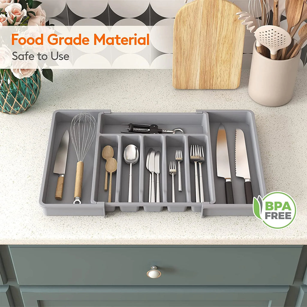 Expandable Utensil Tray for Kitchen, Adjustable Plastic Storage, Grey H767074