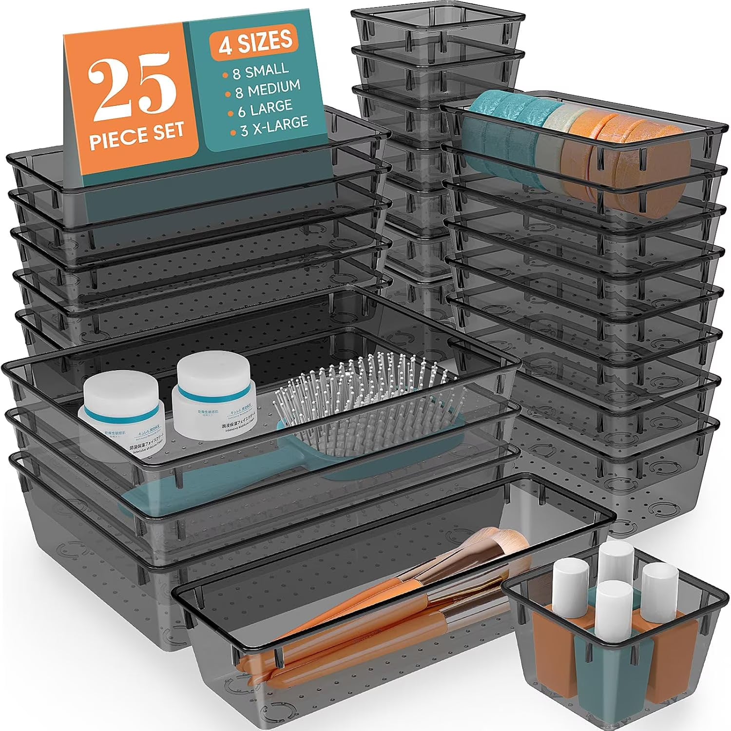 Clear Plastic Drawer Organizer Set,Desk Drawer Divider Organizers and Storage Bins for Makeup, Jewelry, Gadgets for Kitchen, Bedroom, Bathroom, Office