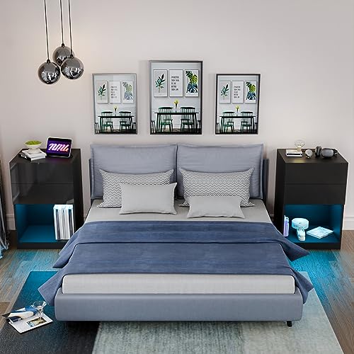 White LED Nightstand with Charging Station and Drawers V454