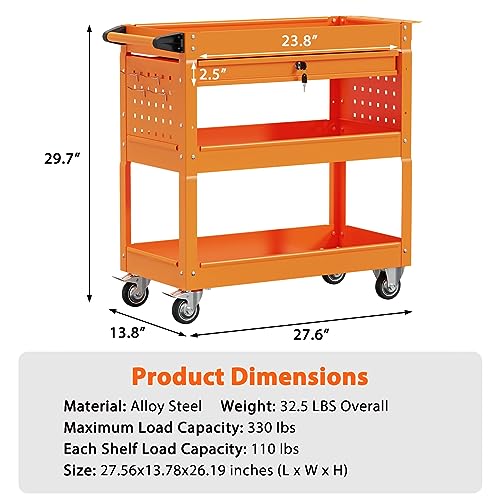 Heavy Duty 3-Tier Utility Cart on Wheels with Drawer D1640