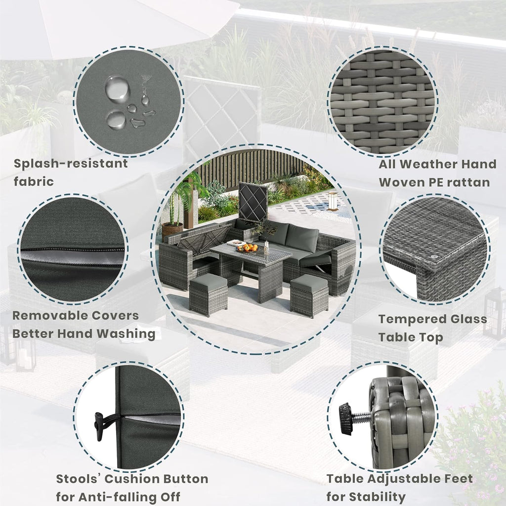 Outdoor 6-Piece PE Rattan Patio Sofa Set with Storage and Glass Table E71863