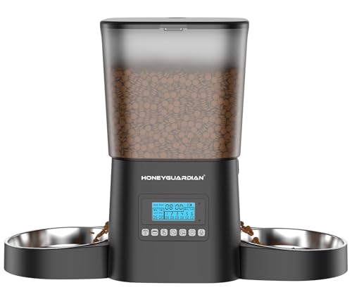 HoneyGuaridan Automatic Cat Feeder for 2 Cats 3.5L, Cat Food Dispenser with Stainless Steel Bowl,Timed Pet Feeder for Dry Food Programmable 1-6 Meals Control,Desiccant Bag,10s Meal Call Black