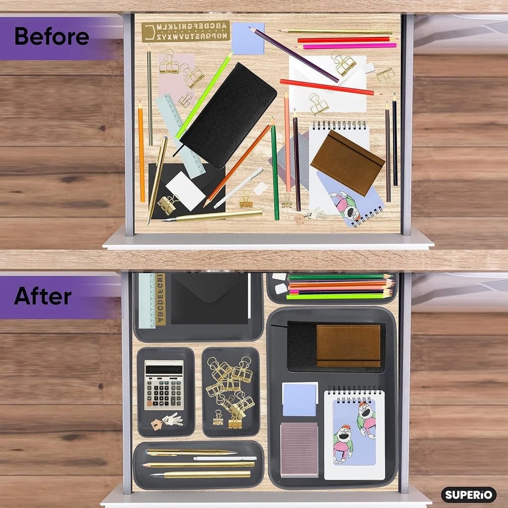 Plastic Desk Drawer Organizer Tray, Grey, Set of 4 P746