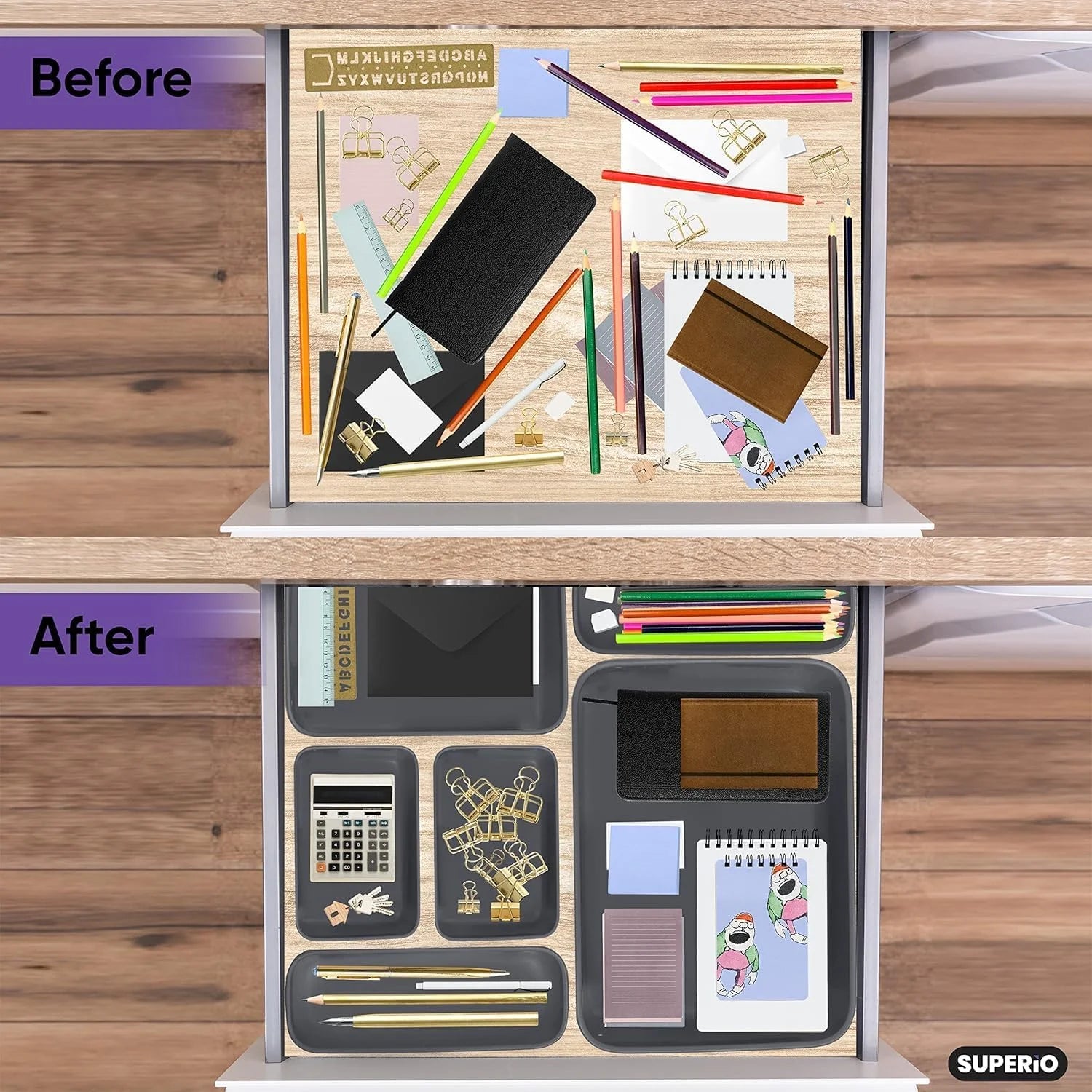 Plastic Desk Drawer Organizer Tray, Grey, Set of 4 P746