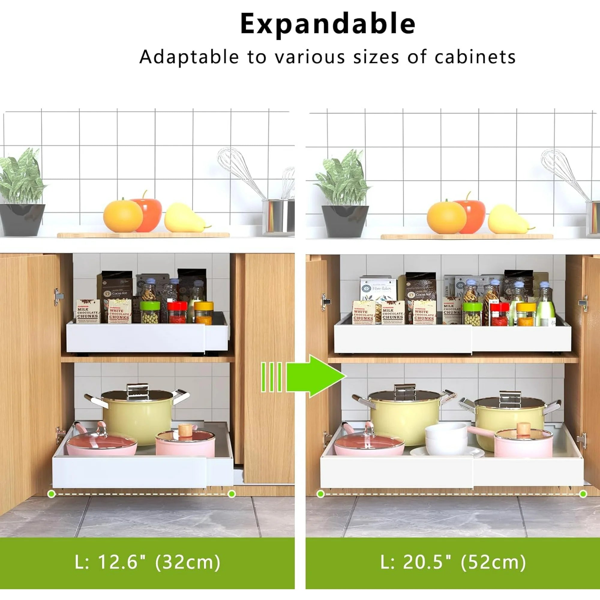 2 Pack Pull Out Cabinet Organizer, Expandable Slide Out Drawer, No Drill Adhesive U302