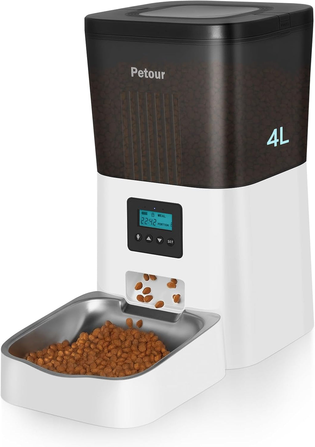 Automatic Cat Feeder, Cats Timed Feeder Portion Control, 1~4 Daily Meals, 9 Servings Per Meal, with Stainless Steel Bowl&Lock Lid, Dual Power Supply, 10s Voice Recorder and Desiccant Bag
