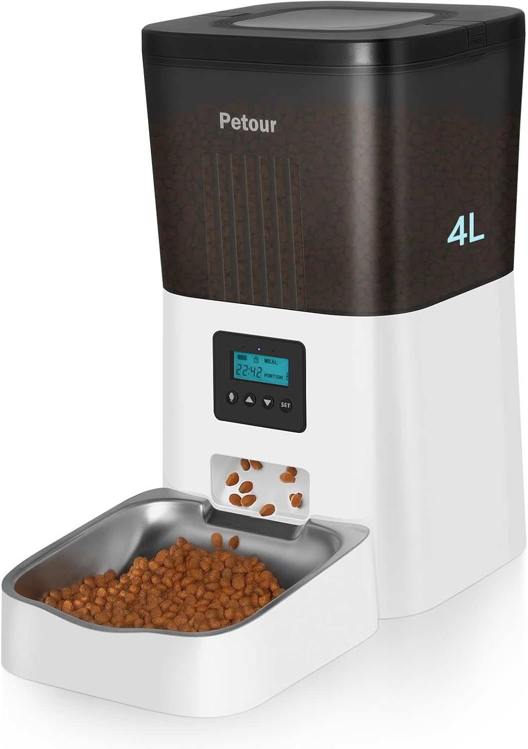 Automatic Cat Feeder, Cats Timed Feeder Portion Control, 1~4 Daily Meals, 9 Servings Per Meal, with Stainless Steel Bowl&Lock Lid, Dual Power Supply, 10s Voice Recorder and Desiccant Bag