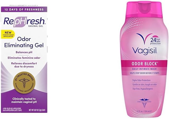 RepHresh Odor Eliminating Vaginal Gel, 4ct (0.07oz) & Vagisil Feminine Wash for Intimate Area Hygiene, Odor Block, Gynecologist Tested, Hypoallergenic, 12 oz, (Pack of 1)