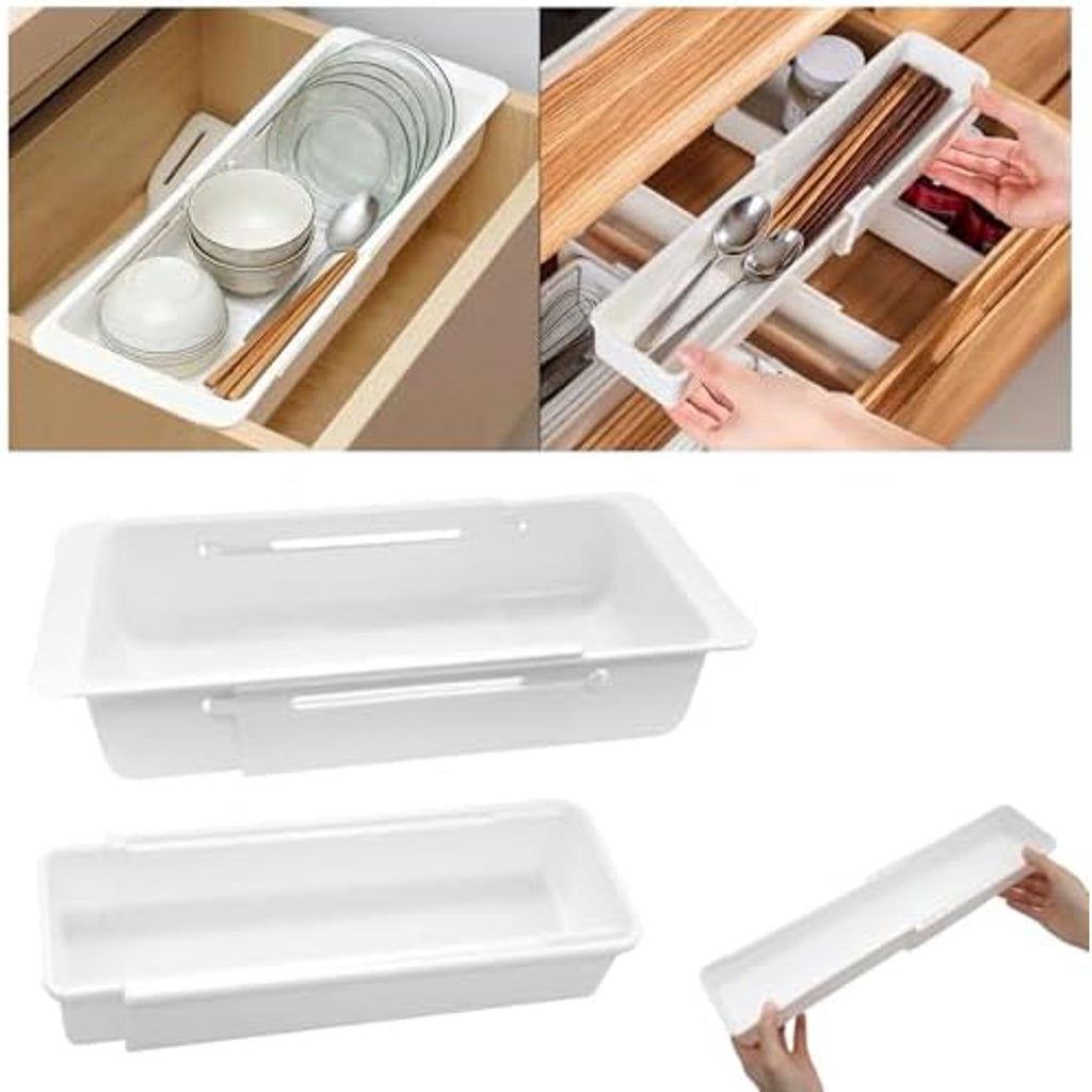 2 Pack Hanging Expandable Drawer Organizer with 2 Pack Non-Hanging Sliding Adjustable Storage Trays for Kitchen, Bathroom, Office, White