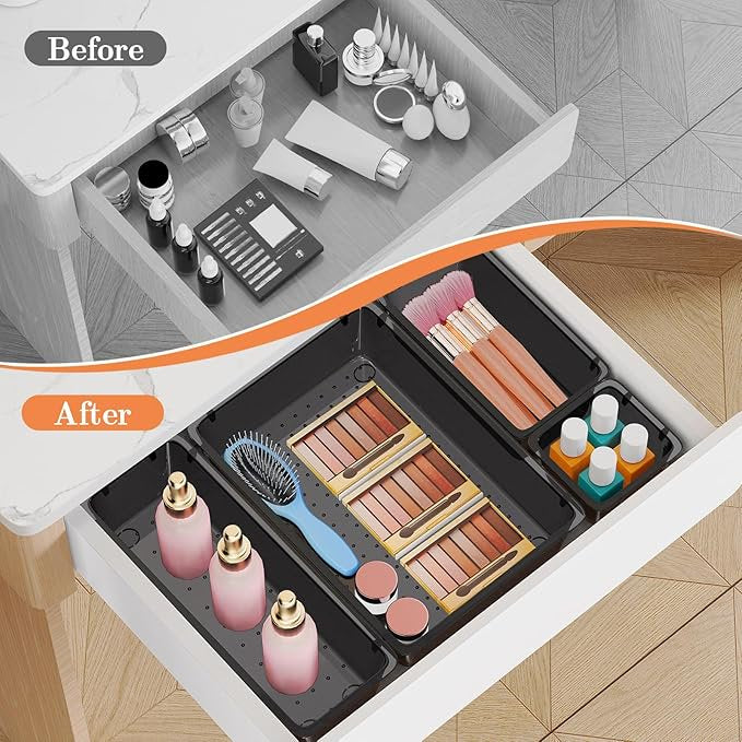 Plastic Drawer Organizer Set, 4-Size Trays & Storage Bins for Makeup, Jewelry, and Gadgets E54414