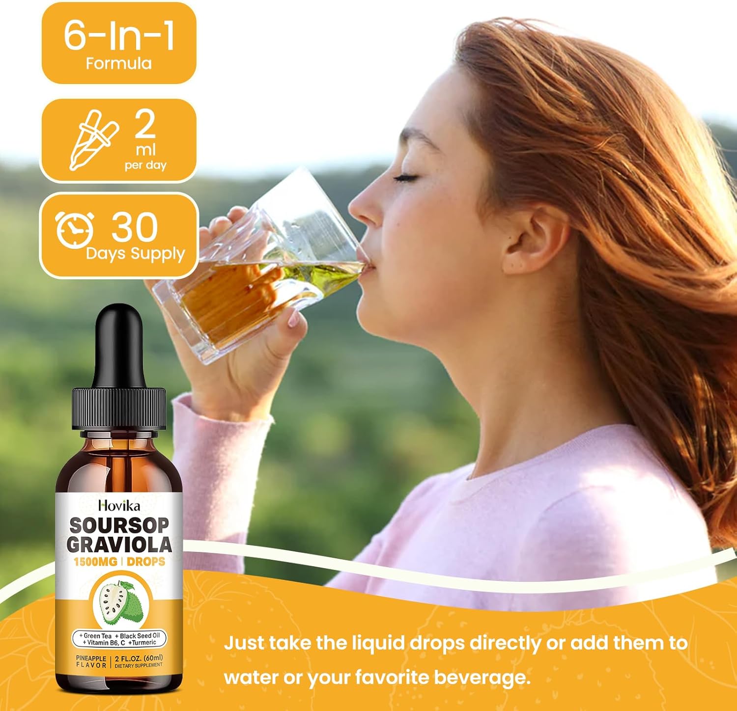 Soursop Graviola Liquid Drops with Green Tea, Black Seed Oil, Turmeric, 2 Fl Oz E51106