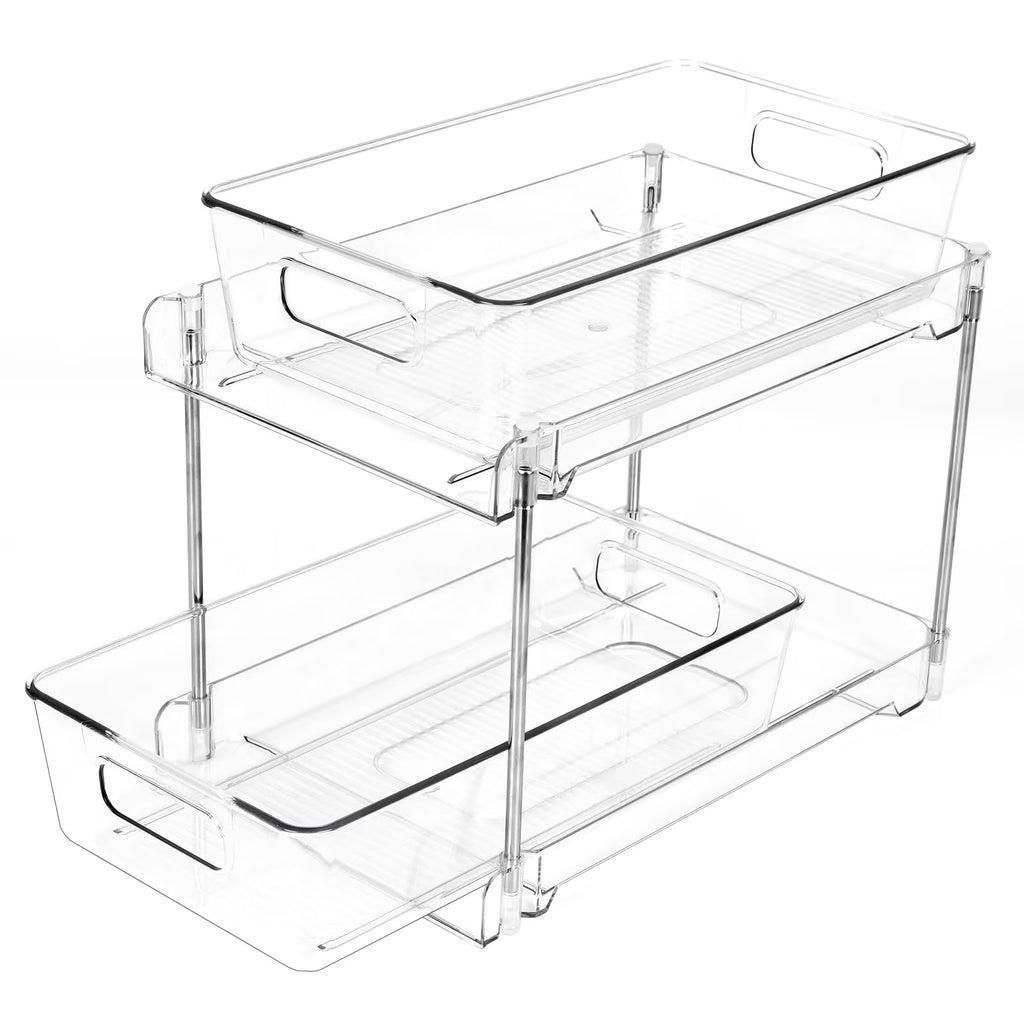 Bathroom Storage Organizer 2-Tier, Clear Under Sink Pull-Out Drawer for Vanity Countertop Pantry Cabinet, Track Design Shelf, Clear