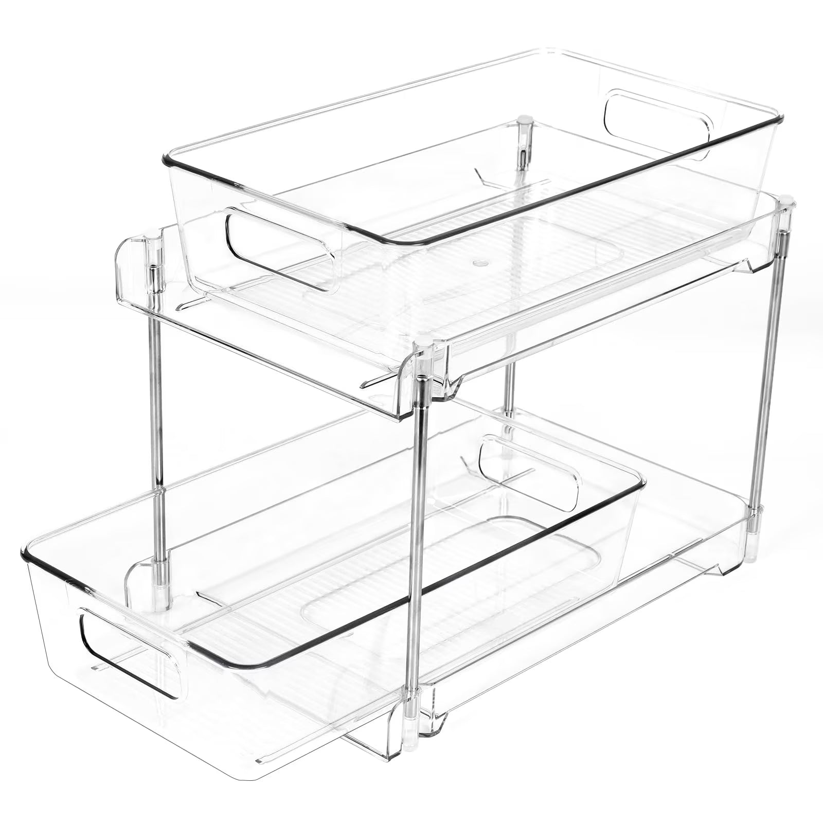 Bathroom Storage Organizer 2-Tier, Clear Under Sink Pull-Out Drawer for Vanity Countertop Pantry Cabinet, Track Design Shelf, Clear