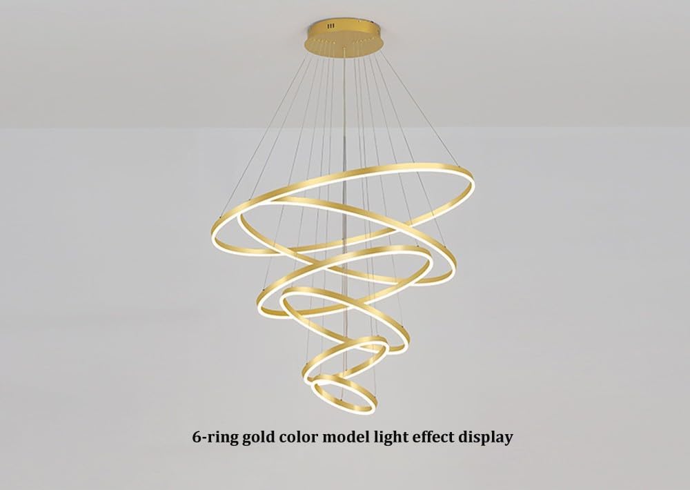 Modern LED Chandelier 6 Rings Gold with Remote Control for High Ceiling E67078