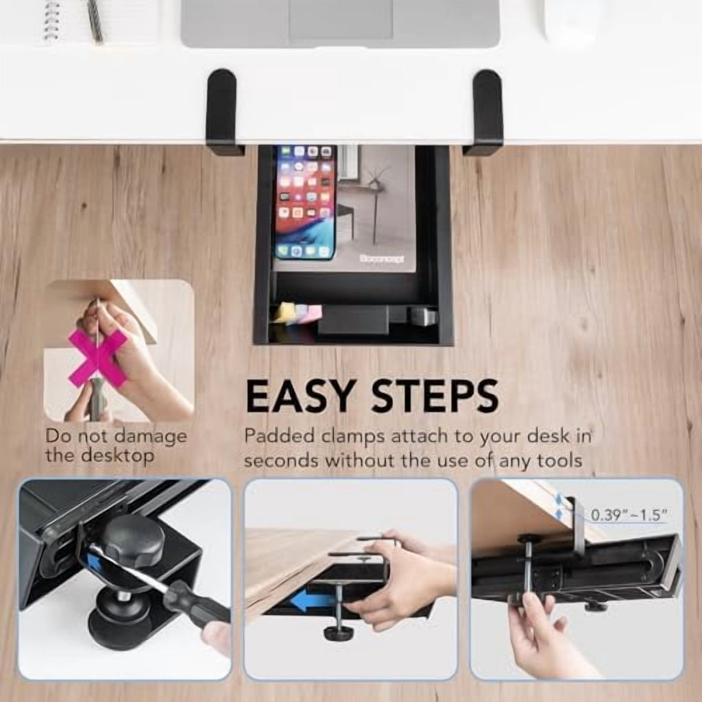 Under Desk Slide-Out Storage Drawer, Small Pull-Out Organizer with Adjustable C-Clamp Mount, Black Tray Q18935