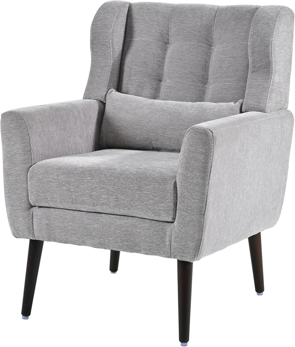 Chenille Accent Armchair with Pillow, Solid Wood Legs W64975