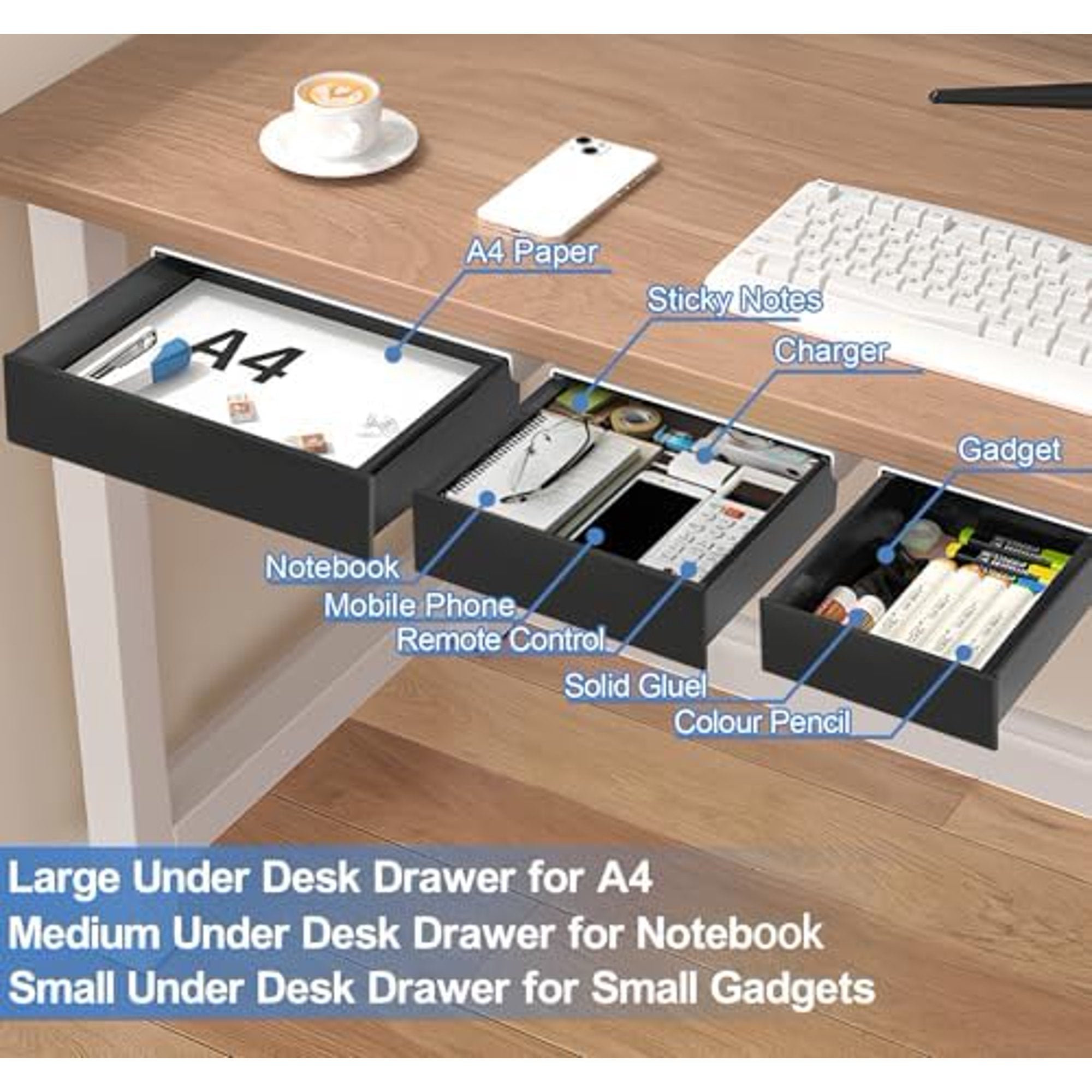 Under Desk Drawer Storage Organizer, 3 Pack Slide Out Adhesive Tray Q22056
