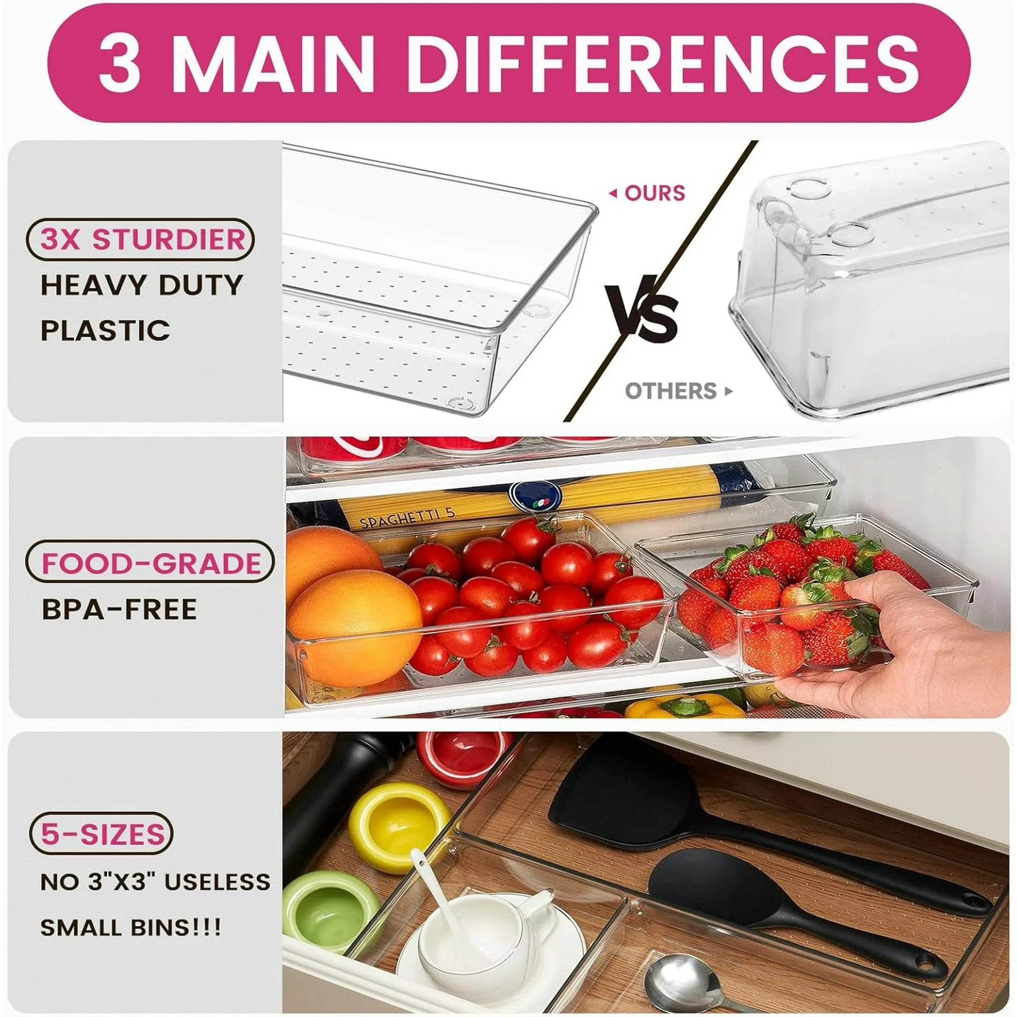 Large Clear Plastic Drawer Organizer Bins, 5 Size Heavy Duty Storage for Kitchen Utensils O979