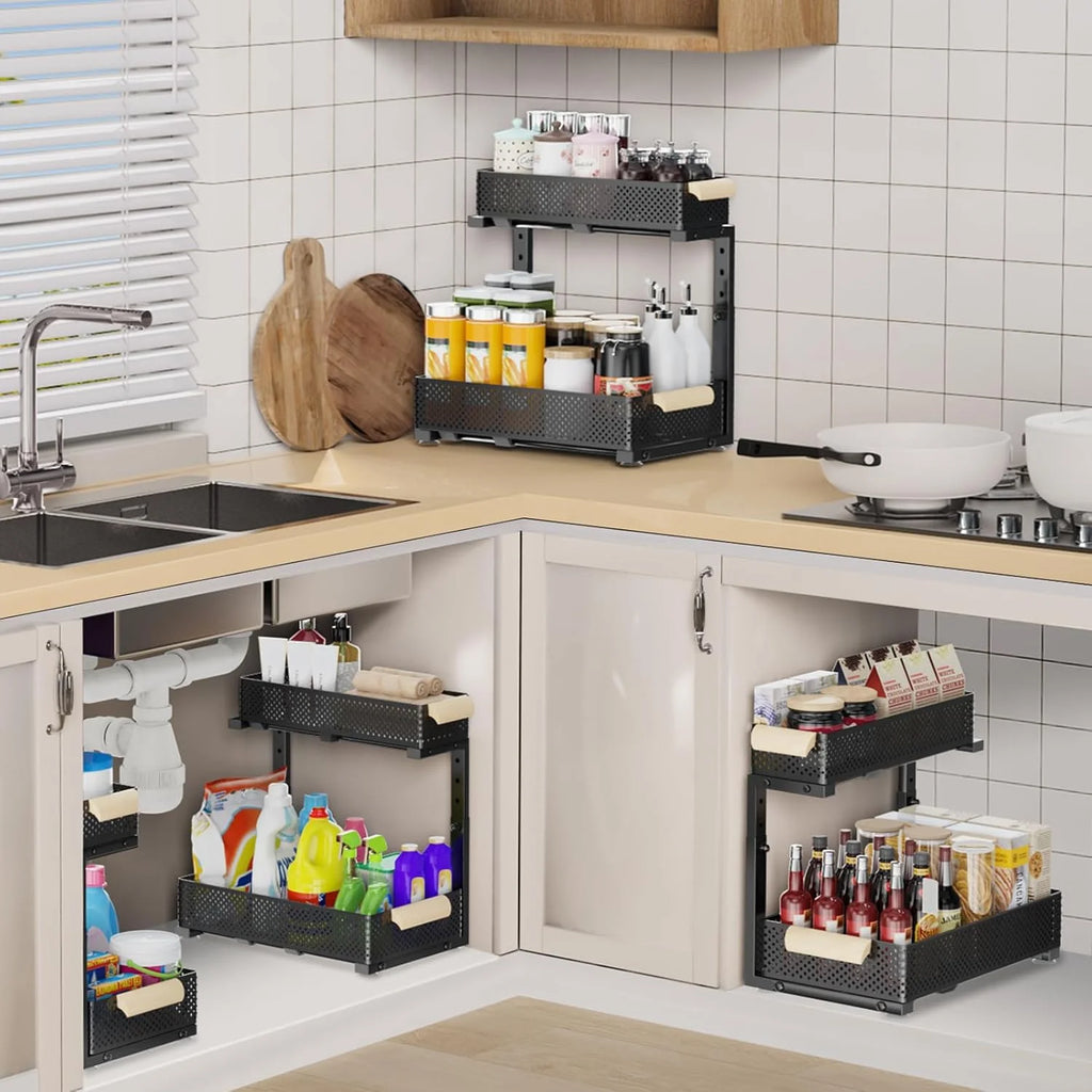 Under Sink Organizer, 2 Pack, 5 Height Adjustable, 2-Tier Pull Out Drawer Shelf I965785