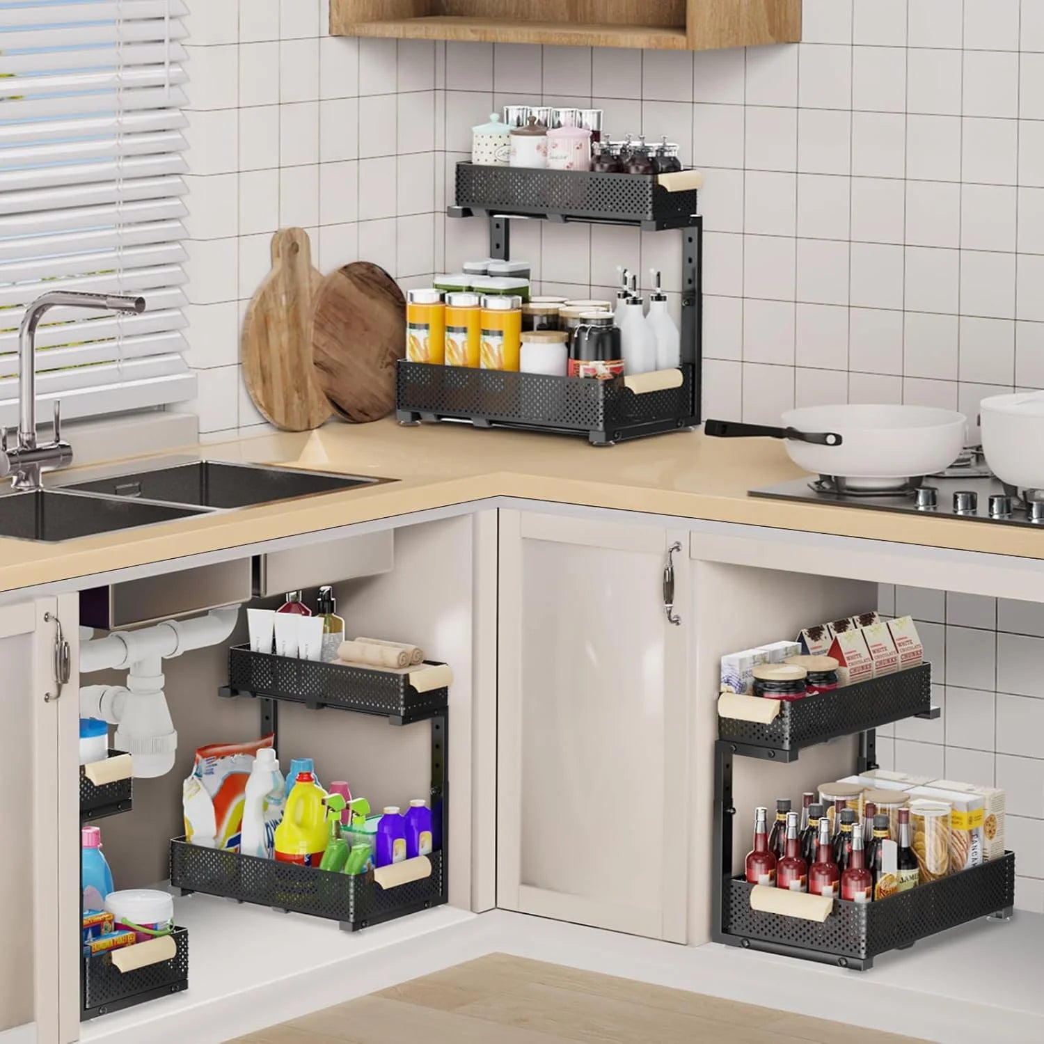 Under Sink Organizer, 2 Pack, 5 Height Adjustable, 2-Tier Pull Out Drawer Shelf I965785