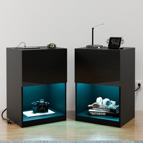HOMMPA Set of 2 White LED Nightstand with Charging Station Side Table with Open Shelf Night Stand with Led Lights USB Ports Outlets Bedside Table End Table with Drawers Storage for Bedroom