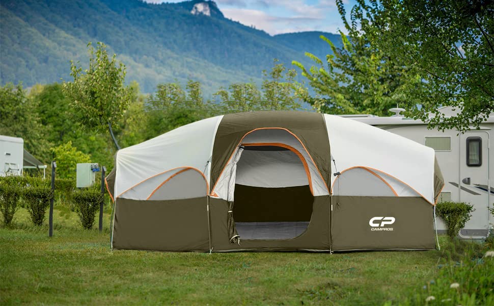 8 Person Camping Tent, Weather Resistant Family Tent with Mesh Windows and Carry Bag Q354