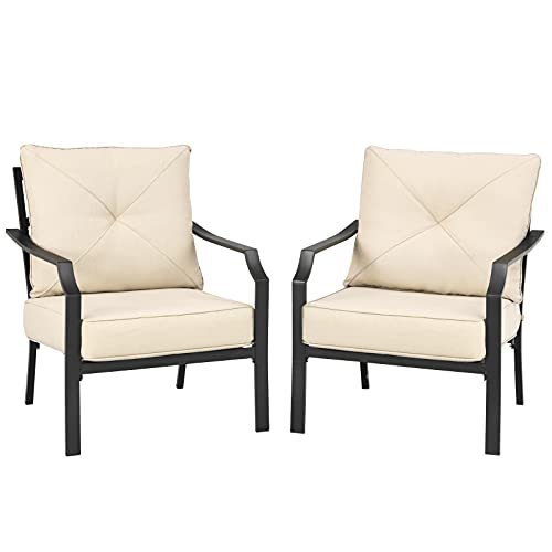 Giantex Set of 2 Patio Chairs, Outdoor Armchairs with Padded Cushions, Bistro Dining Chairs Iron-Frame Lawn Chairs for Porch Backyard Garden Balcony (Black & Beige)